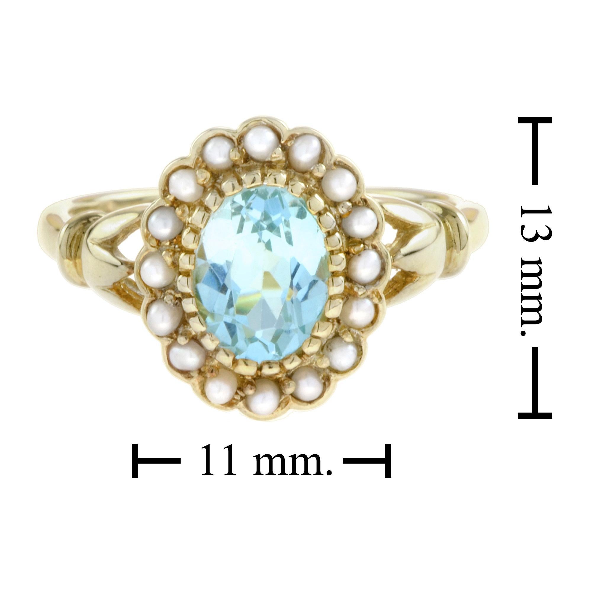Natürlicher ovaler blauer Topas mit Perlen-Halo-Ring aus 14 Karat Gelbgold () 7