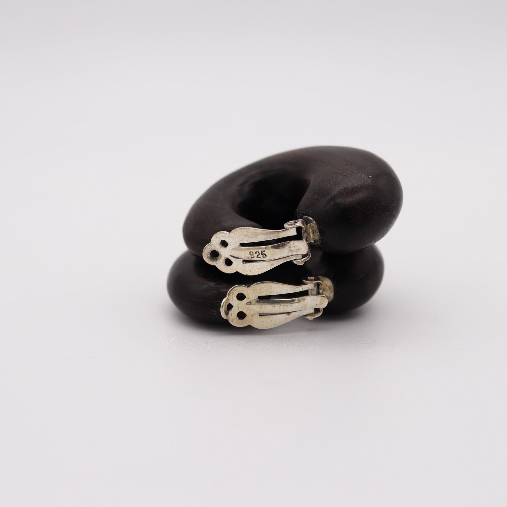 CATHERINE NOLL 1970 Französischer Clips-Ohrring aus Holz und 925er Sterling im Angebot 1