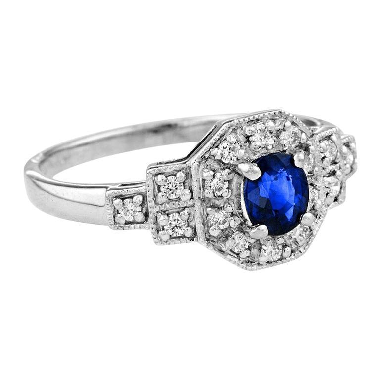 Ovaler blauer Saphir mit Diamantring im Art-Déco-Stil aus Platin950