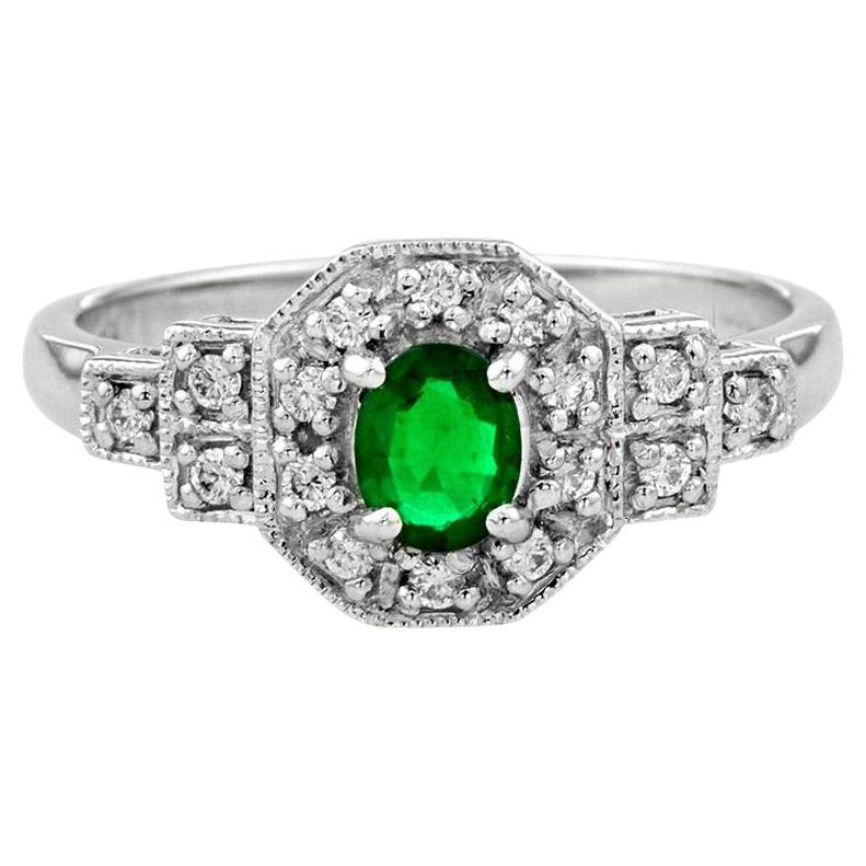 Catherine Oval Emerald with Diamond Art Deco Style Cluster Ring in Platinum