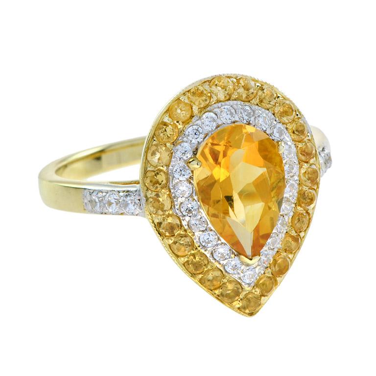 For Sale:  Catherine Pear Citrine with Diamond and Citrine Halo Ring in 18K Yellow Gold 7
