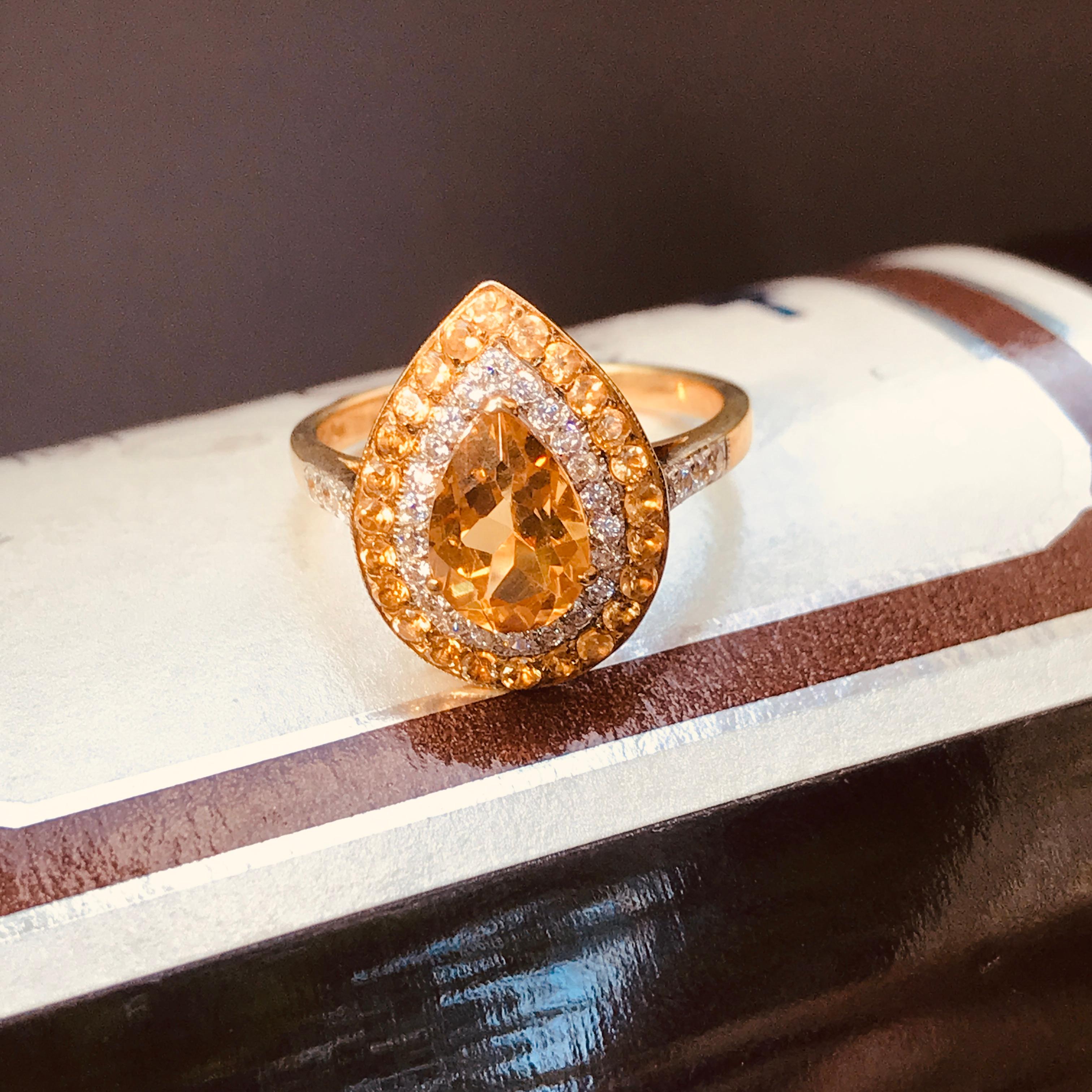 For Sale:  Catherine Pear Citrine with Diamond and Citrine Halo Ring in 18K Yellow Gold 6