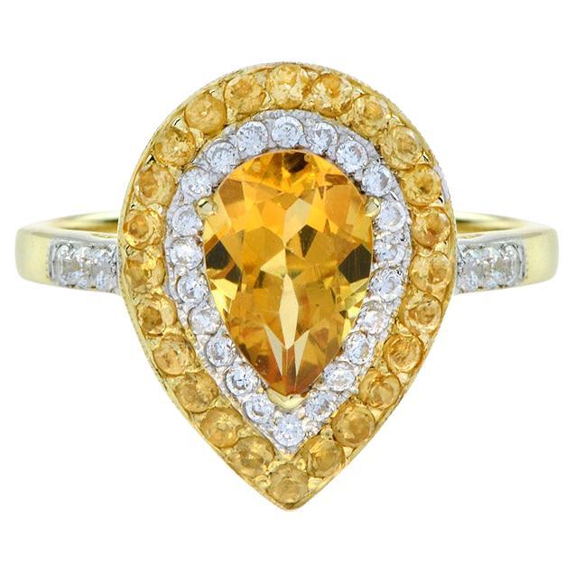 Catherine, bague en or jaune 18 carats avec citrine en forme de poire, diamant et halo de citrine