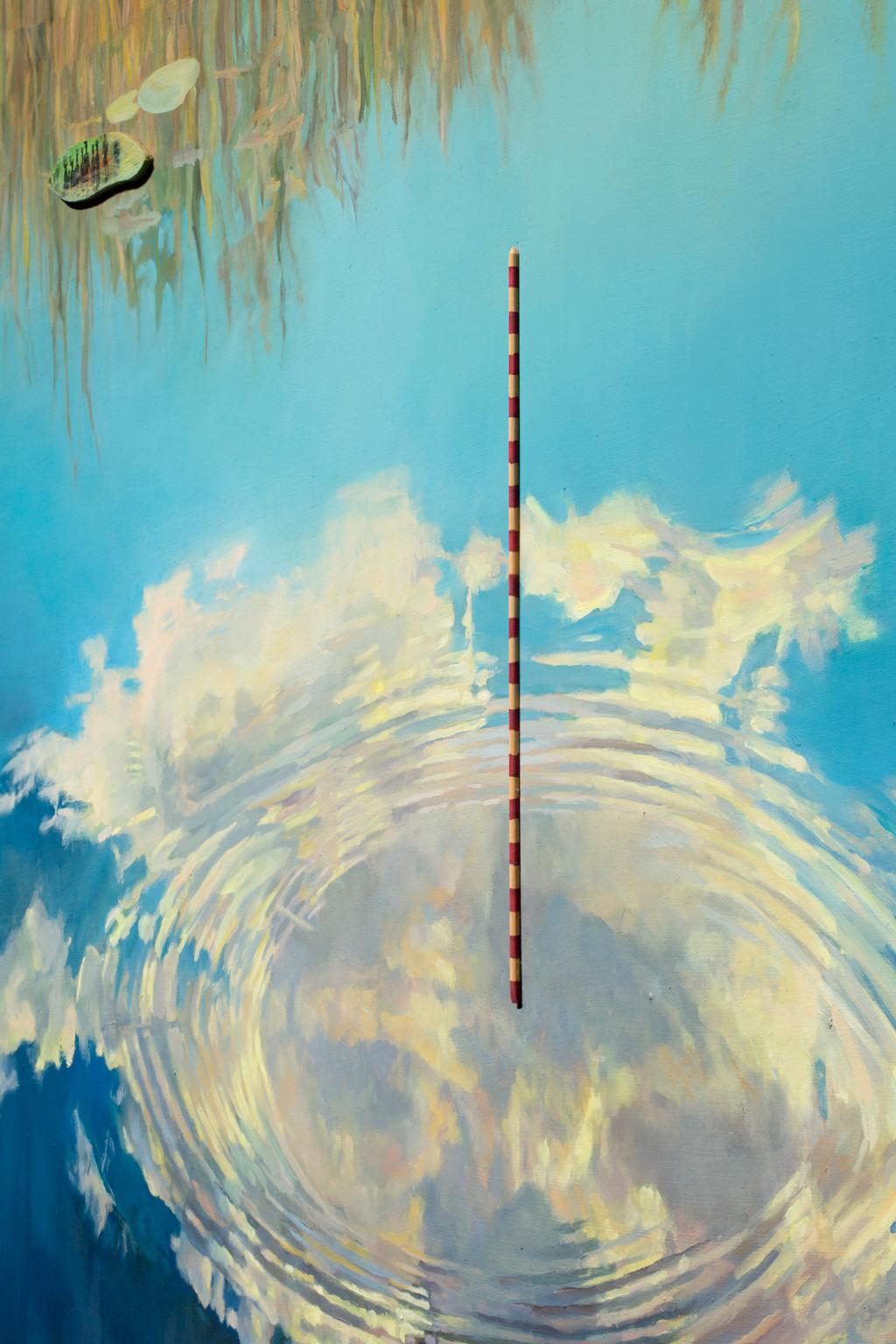 « »Ripple Effect », huile sur bois, cadre miroir doré, reflet d'un étang avec nuages et ciel - Marron Landscape Painting par Catherine Peet