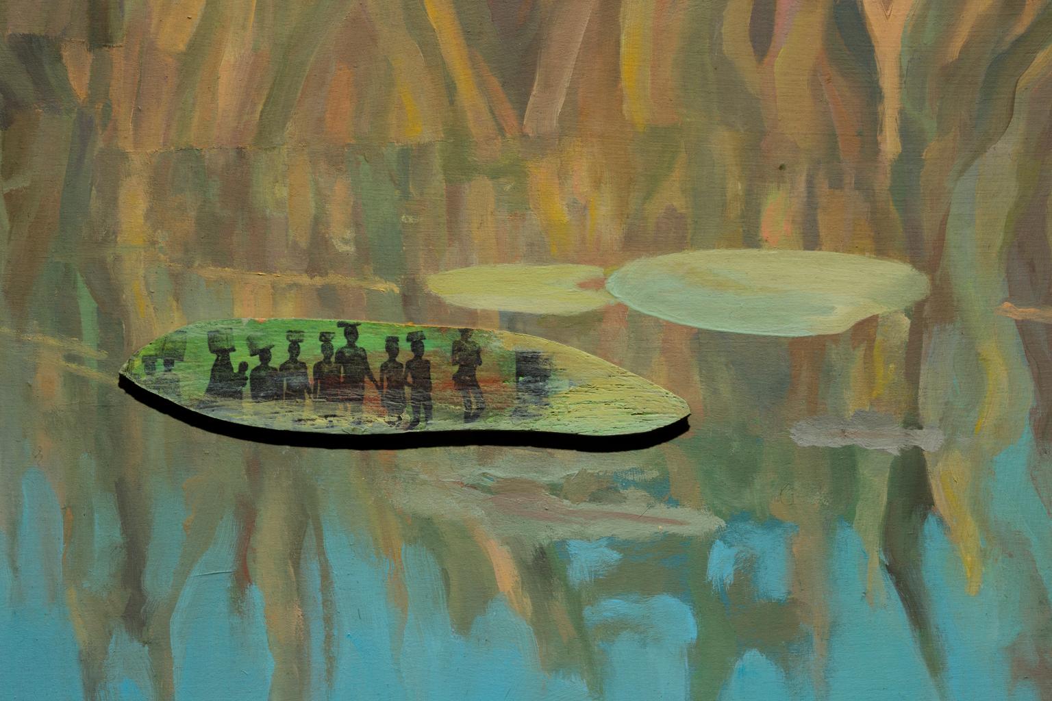« »Ripple Effect », huile sur bois, cadre miroir doré, reflet d'un étang avec nuages et ciel en vente 1