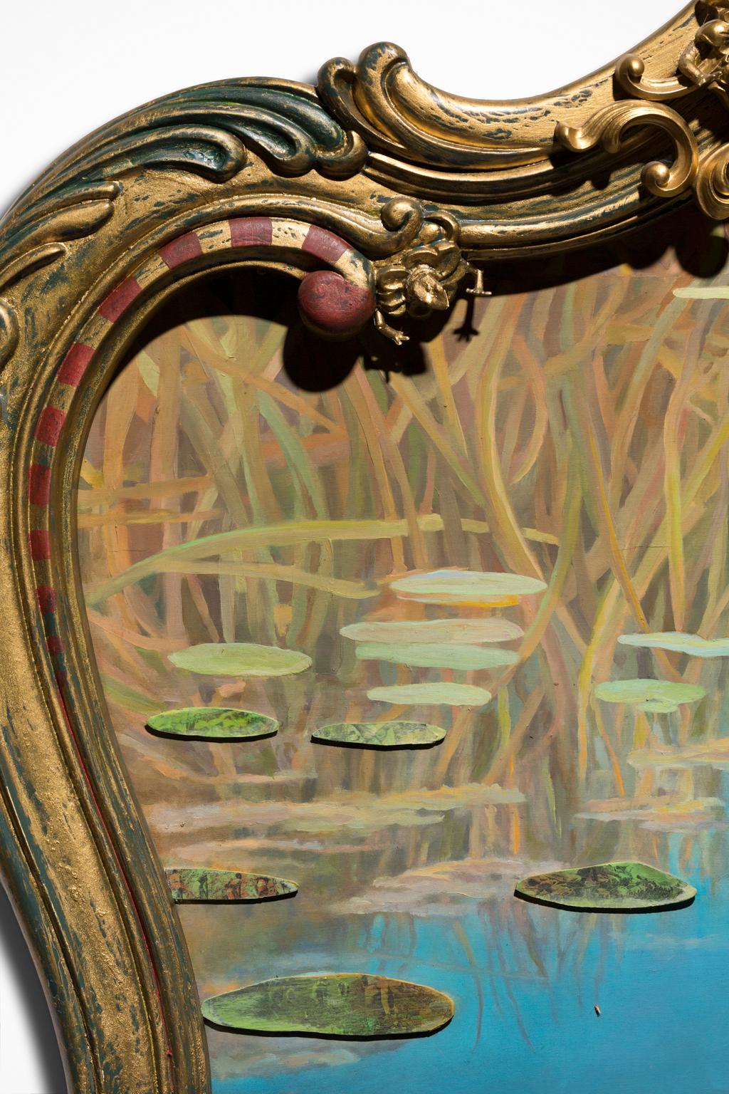 « »Ripple Effect », huile sur bois, cadre miroir doré, reflet d'un étang avec nuages et ciel en vente 2