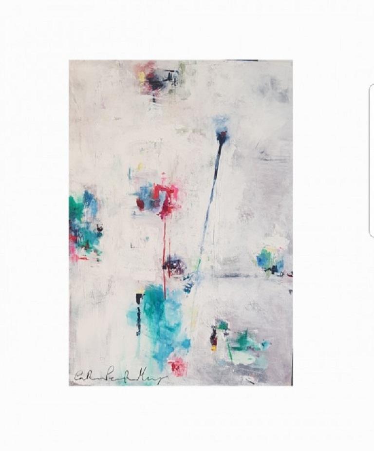 Crossed Paths, Original Minimalist Abstract Painting, Floral Art, Bright Art - Gray Landscape Painting by Catherine Pennington-Meyer