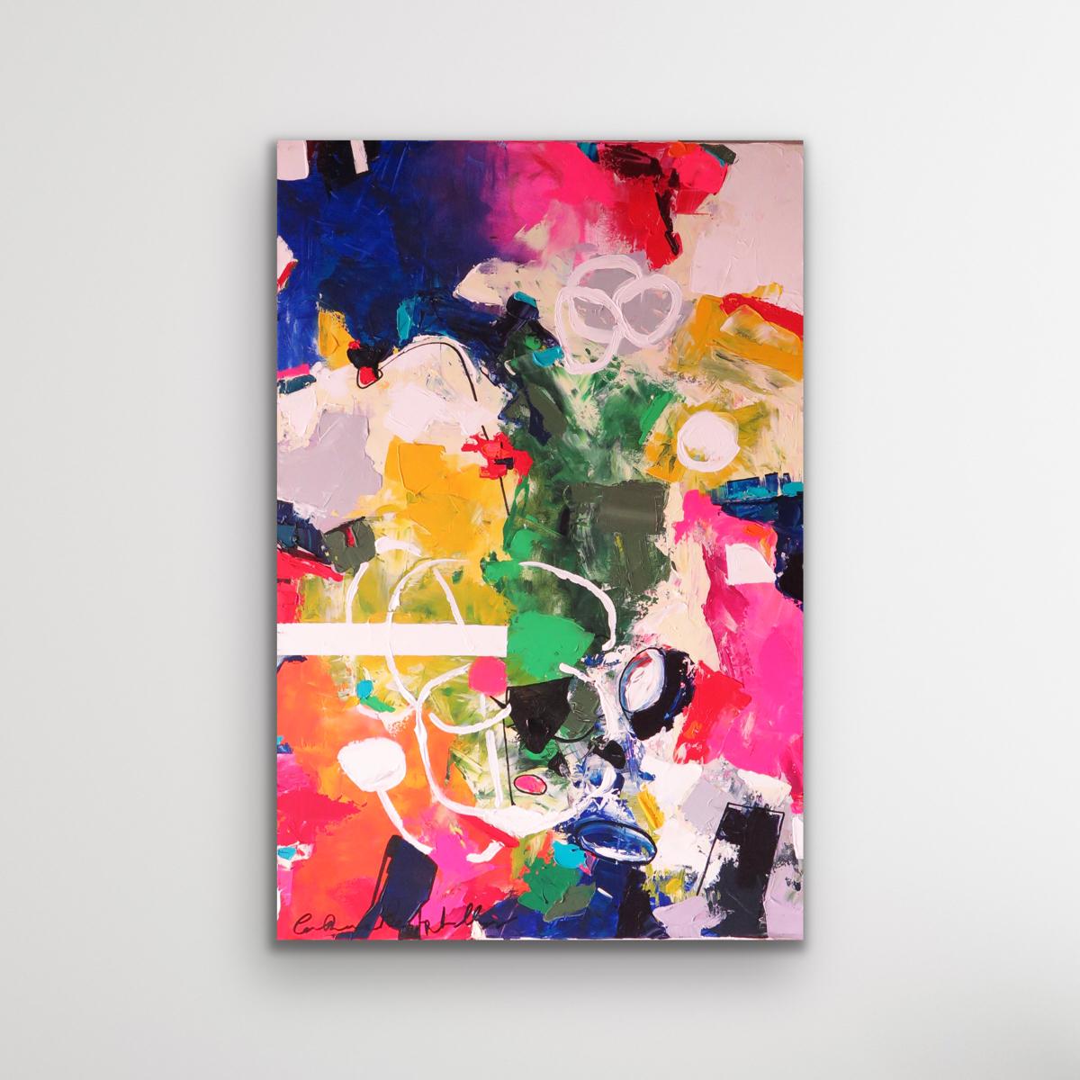 Florus is an original abstract painting by Catherine Pennington-Meyer. The title of this piece means ‘bright’ or ‘rich’ in Latin. A vibrant expressionist abstract full of energy. It will bring a splash of positivity and colour to any