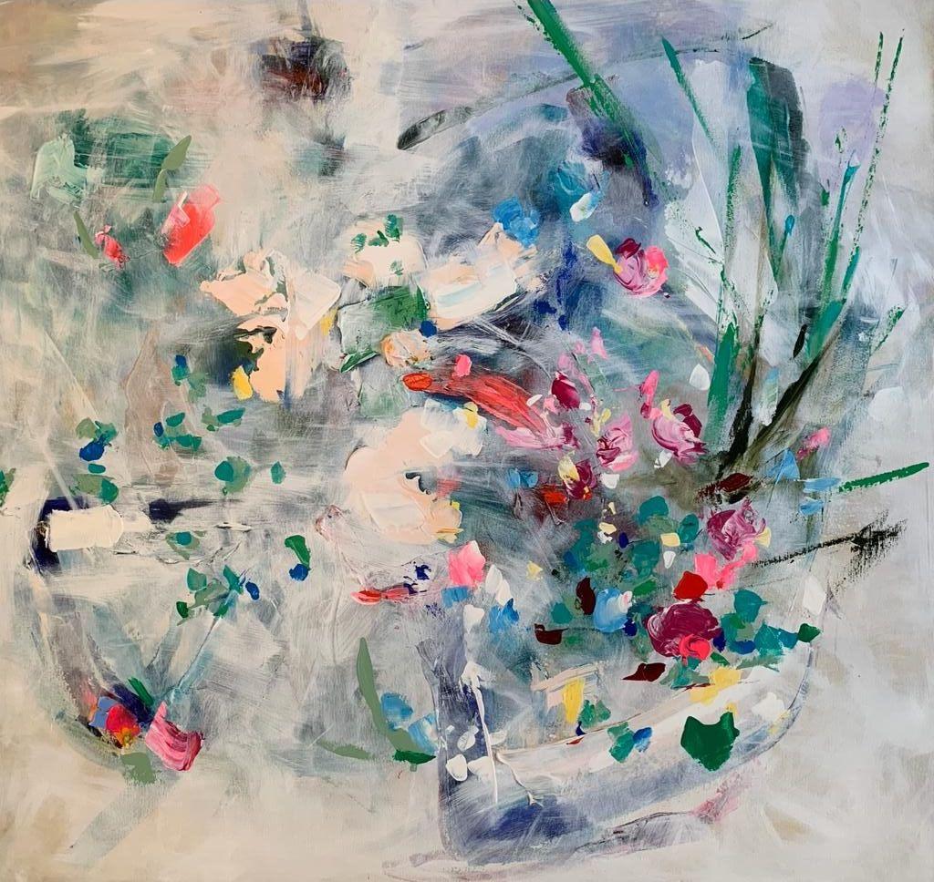 Riverbank, Original painting, Abstract floral art, landscape painting For Sale 9