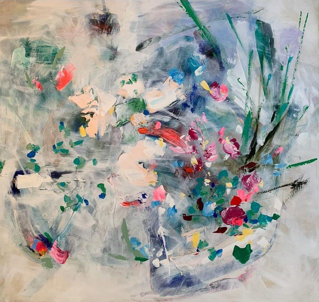 Riverbank, Original painting, Abstract floral art, landscape painting For Sale 7