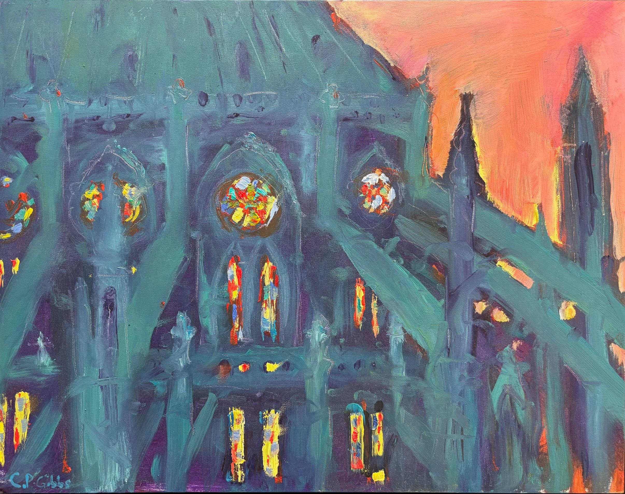 "Awe at Dusk", Contemporary, Notre Dame Cathedral, Stained Glass, Oil Painting
