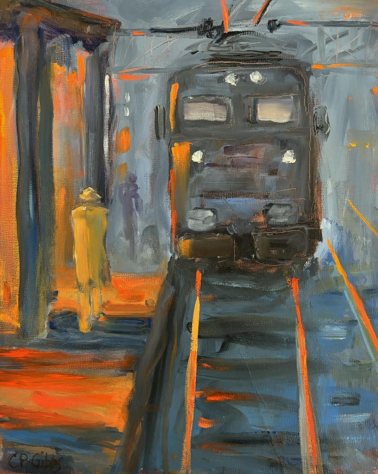 "Prendere il treno", Espressionista, Ferrovia, Arancione, Blu, Pittura a olio, 2023 - Painting di Catherine Picard-Gibbs