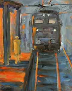 "Catching the Train", expressionist, railroad, orange, gray, blue, oil painting