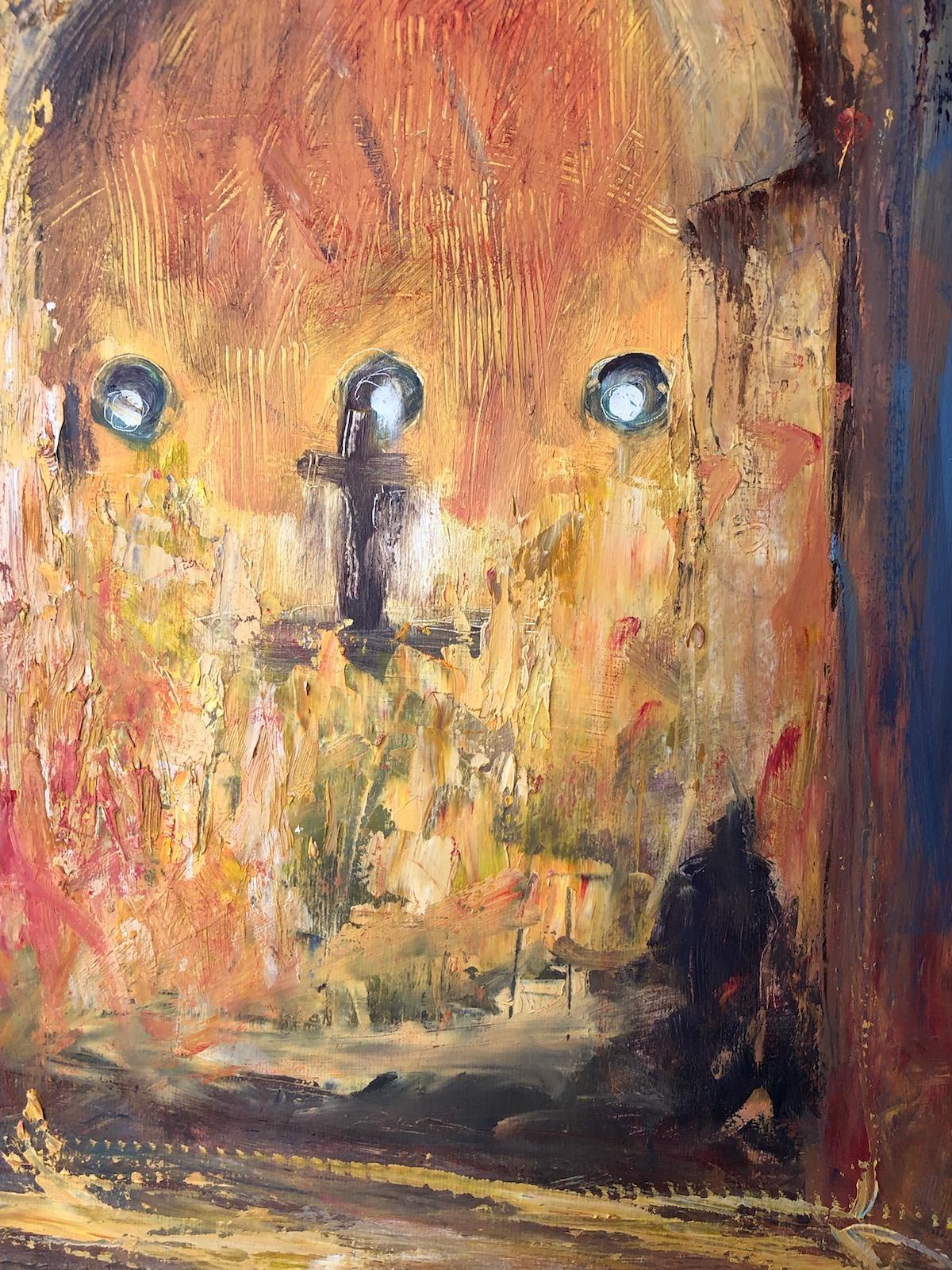 „Chapel of Three Moons“, expressionistisches, Interieur, Kirche, goldenes, Ölgemälde (Expressionismus), Painting, von Catherine Picard-Gibbs