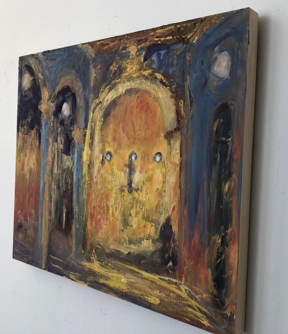 „Chapel of Three Moons“, expressionistisches, Interieur, Kirche, goldenes, Ölgemälde im Angebot 2