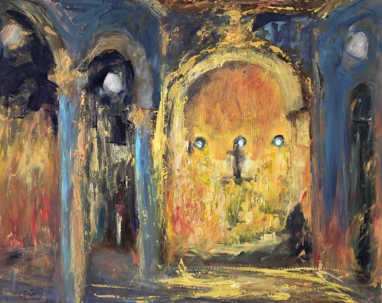 "Chapel of Three Moons", expressionist, interior, church, golden, oil painting