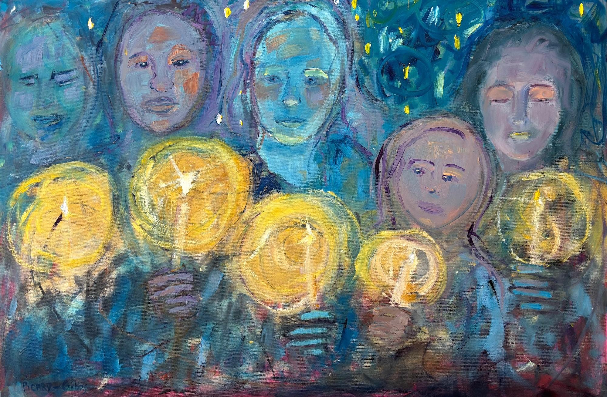 "Common Flame", Contemporary, Candlelight, Blue, Yellow, Purple, Oil Painting