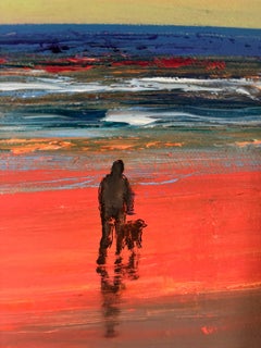 "Compagnons au crépuscule", paysage contemporain, orange, bleu, vert, peinture à l'huile.