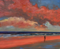 "Compagnons au crépuscule", paysage contemporain, orange, bleu, vert, peinture à l'huile.