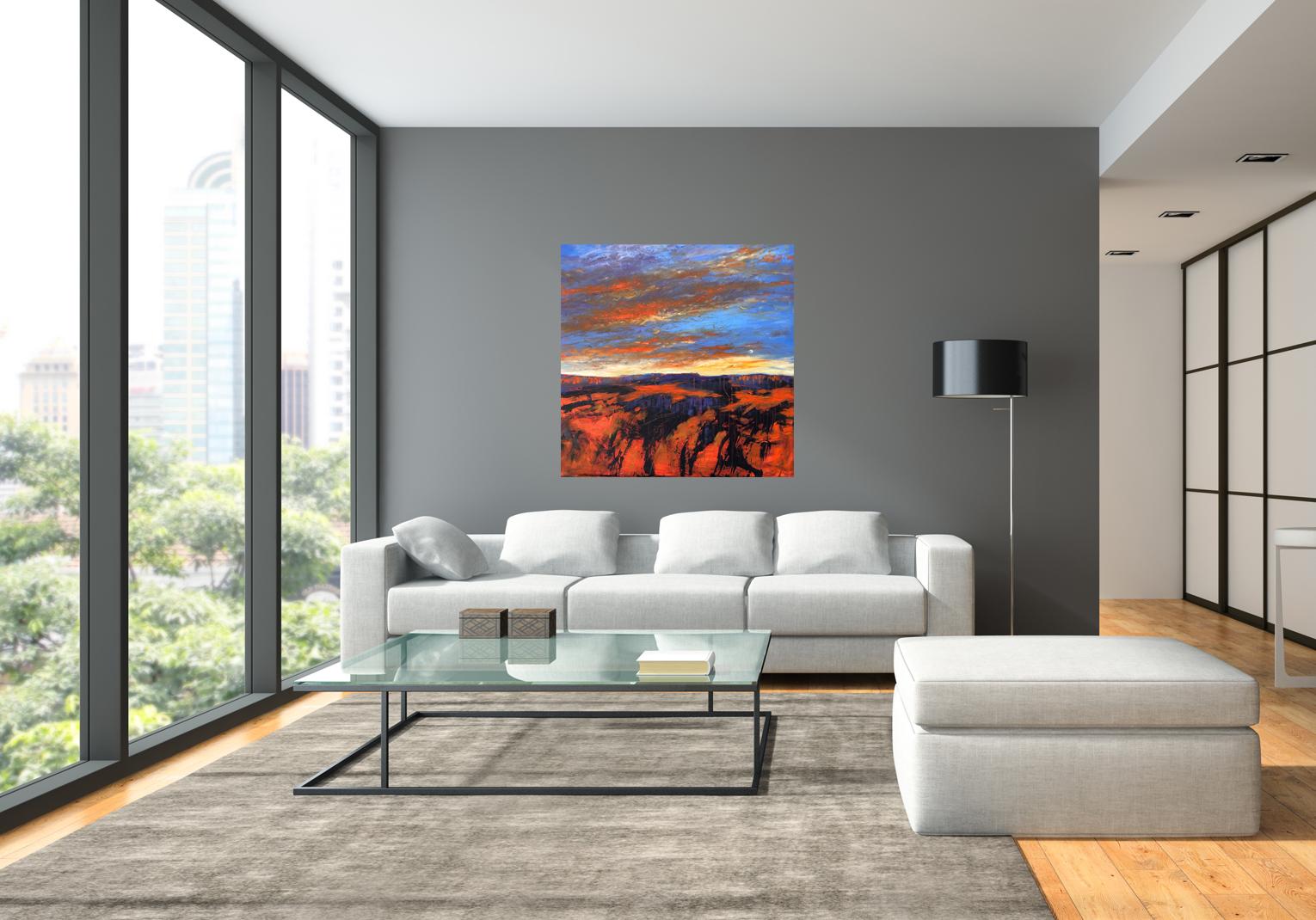 “Desert Moonrise” by Catherine Picard-Gibbs is a dynamic desert scene, inspired by time spent by the artist exploring southwestern regions of the United States. This gestural oil painting on gallery style canvas is painted in a palette of oranges,