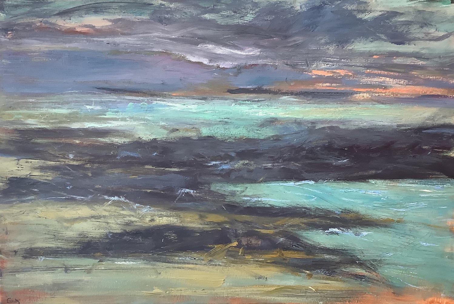 Catherine Picard-Gibbs Landscape Painting - "Dreams of the Shore", abstract, landscape, water, purples, blues, oil painting