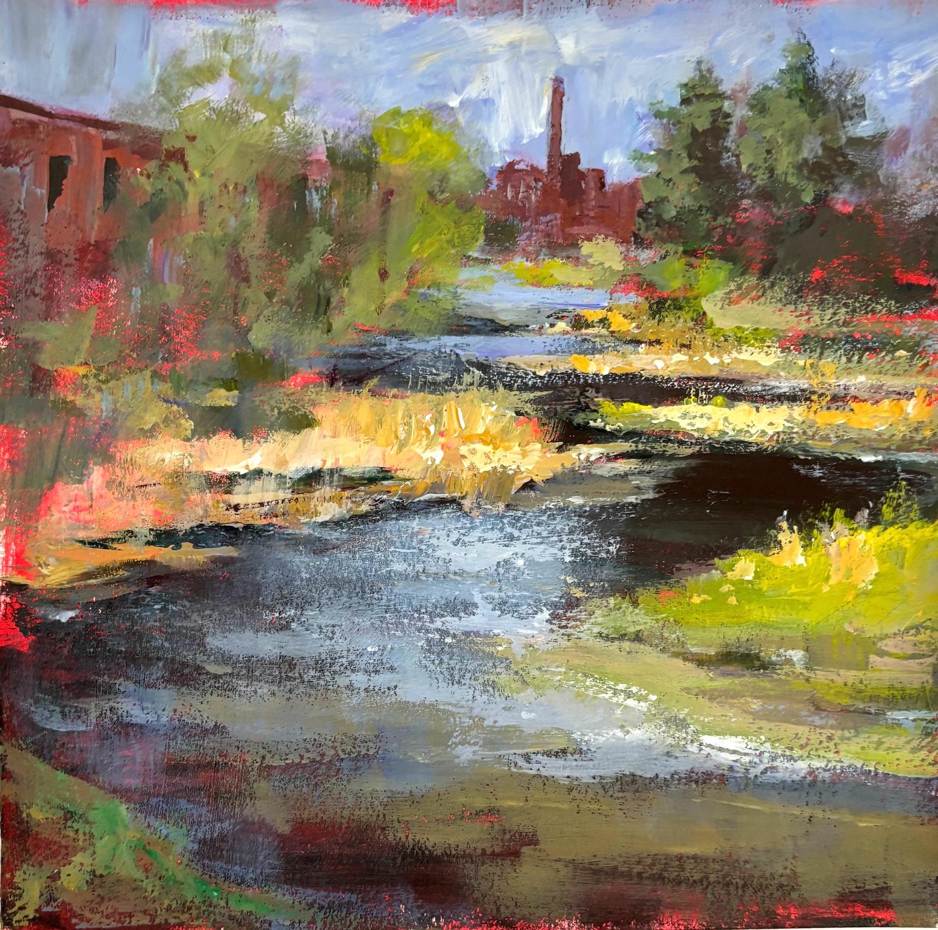 "Echoes of Riverside Mill", Contemporain, Rouge, Bleu, Vert, Peinture acrylique