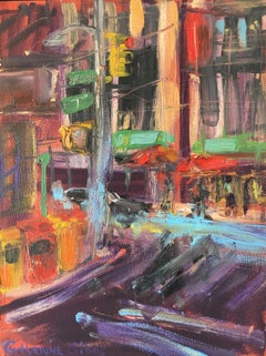 "Fashion District", oil painting, street scene, New York, red, green, blue