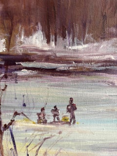 "Ice Fishing", Contemporary, Winter, Landscape, Gray, Brown, White, Oil Painting