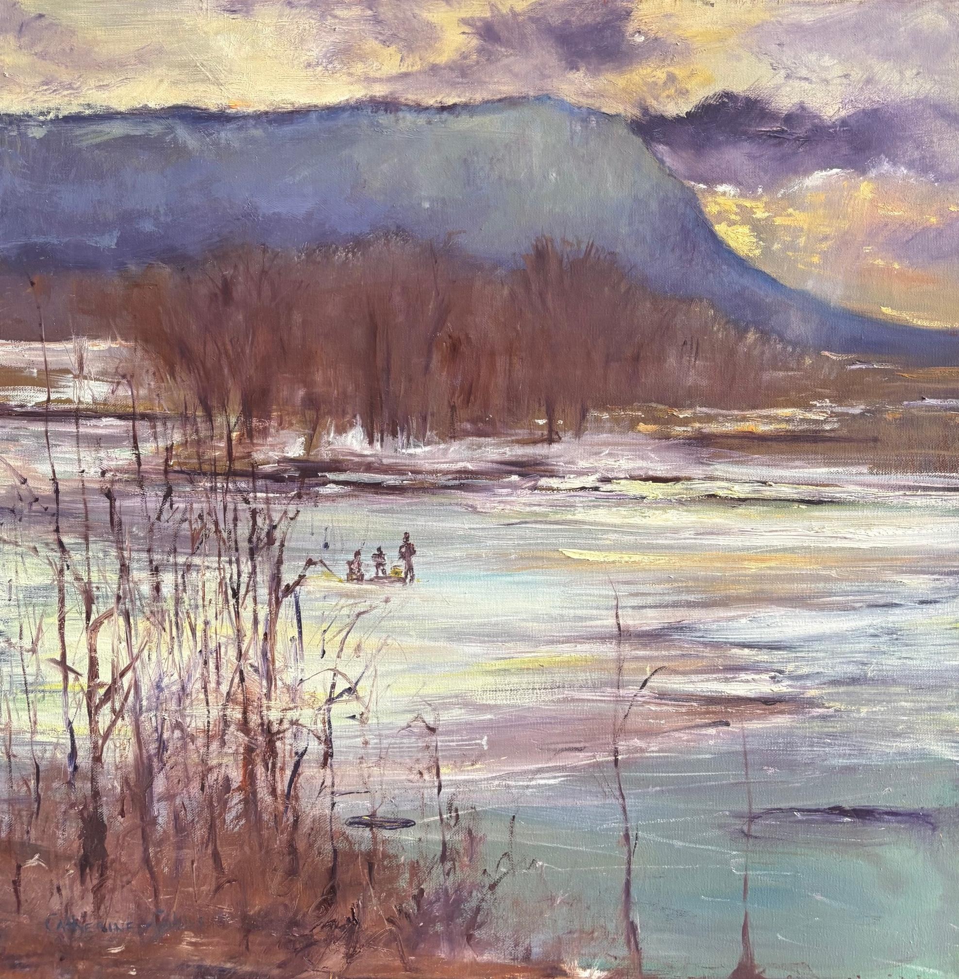 “Ice Fishing” by Catherine Picard-Gibbs is a dramatic and textural oil painting, that tells a story of figures ice fishing in an epic winter landscape. This highly gestural piece is painted on canvas in a palette of white, gray, purple, yellow