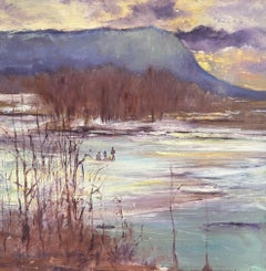 "Eisfischen", Contemporary, Winter, Landschaft, Grau, Braun, Weiß, Ölgemälde