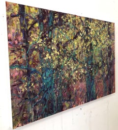 "Illuminated Branches Diptych", Contemporary, Yellow, Green, Pink, Oil Painting