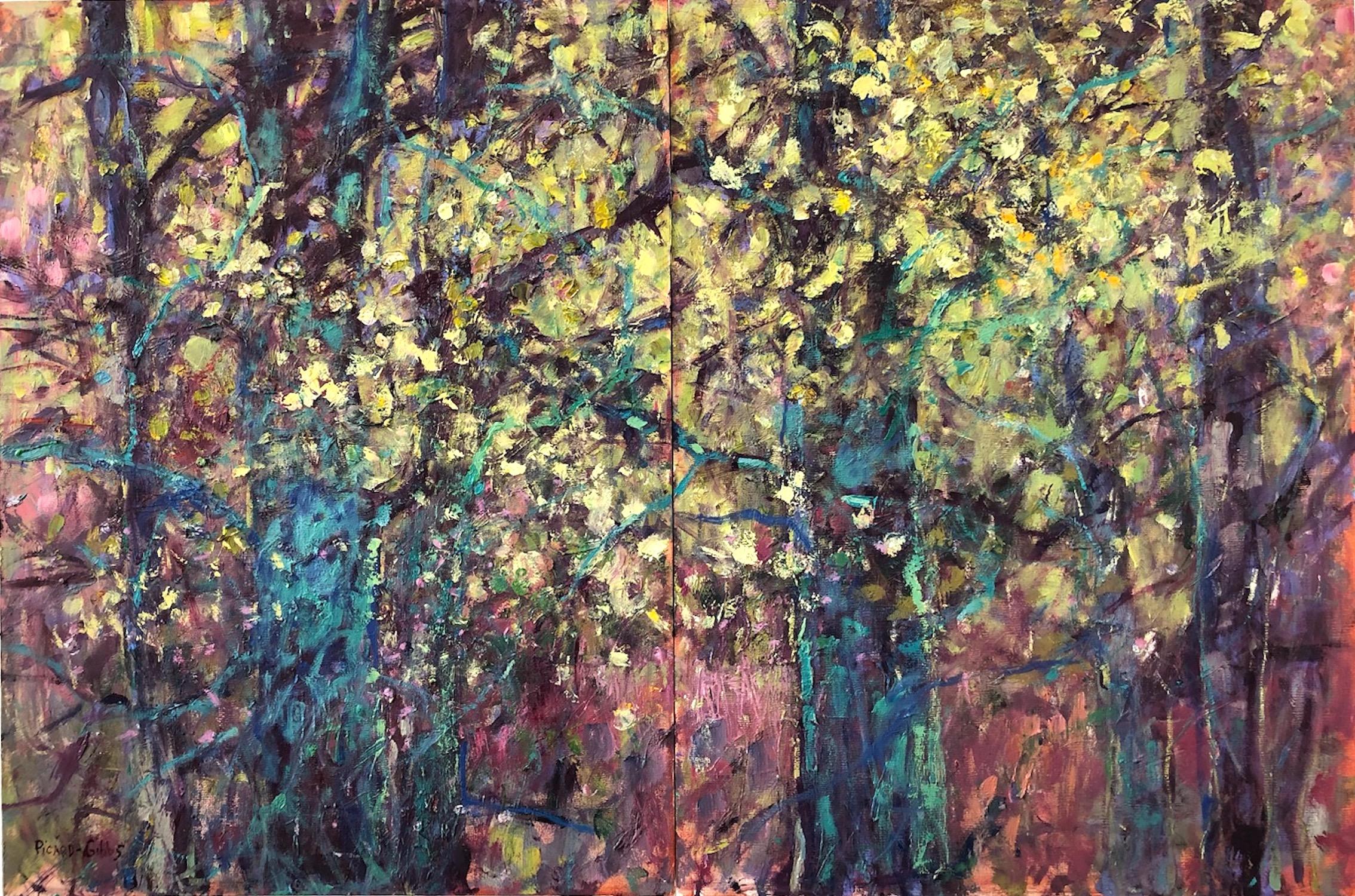 "Diptyque de branches illuminées", contemporain, jaune, vert, rose, peinture à l'huile. - Painting de Catherine Picard-Gibbs