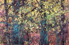 "Diptyque de branches illuminées", contemporain, jaune, vert, rose, peinture à l'huile.