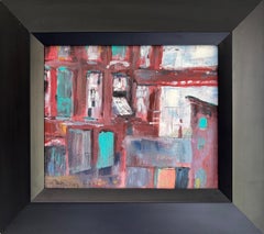 "Façade industrielle", Contemporain, Gestuel, Marron, Bleu, Peinture acrylique