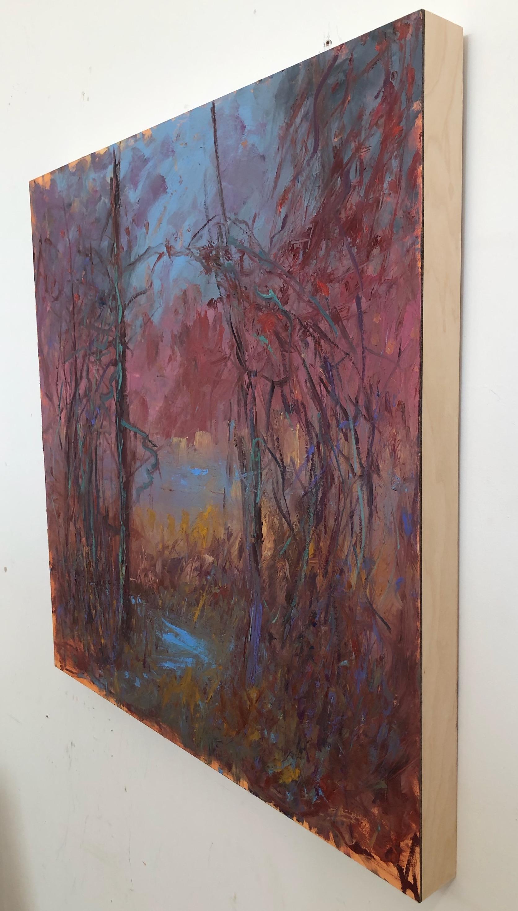 “Ingress” by Catherine Picard-Gibbs is a highly textural, expressionist oil painting, with a heightened color palette of pink, purple, blue, and yellow ochre, suggests the afterlife with darker trees and branches in the foreground creating a