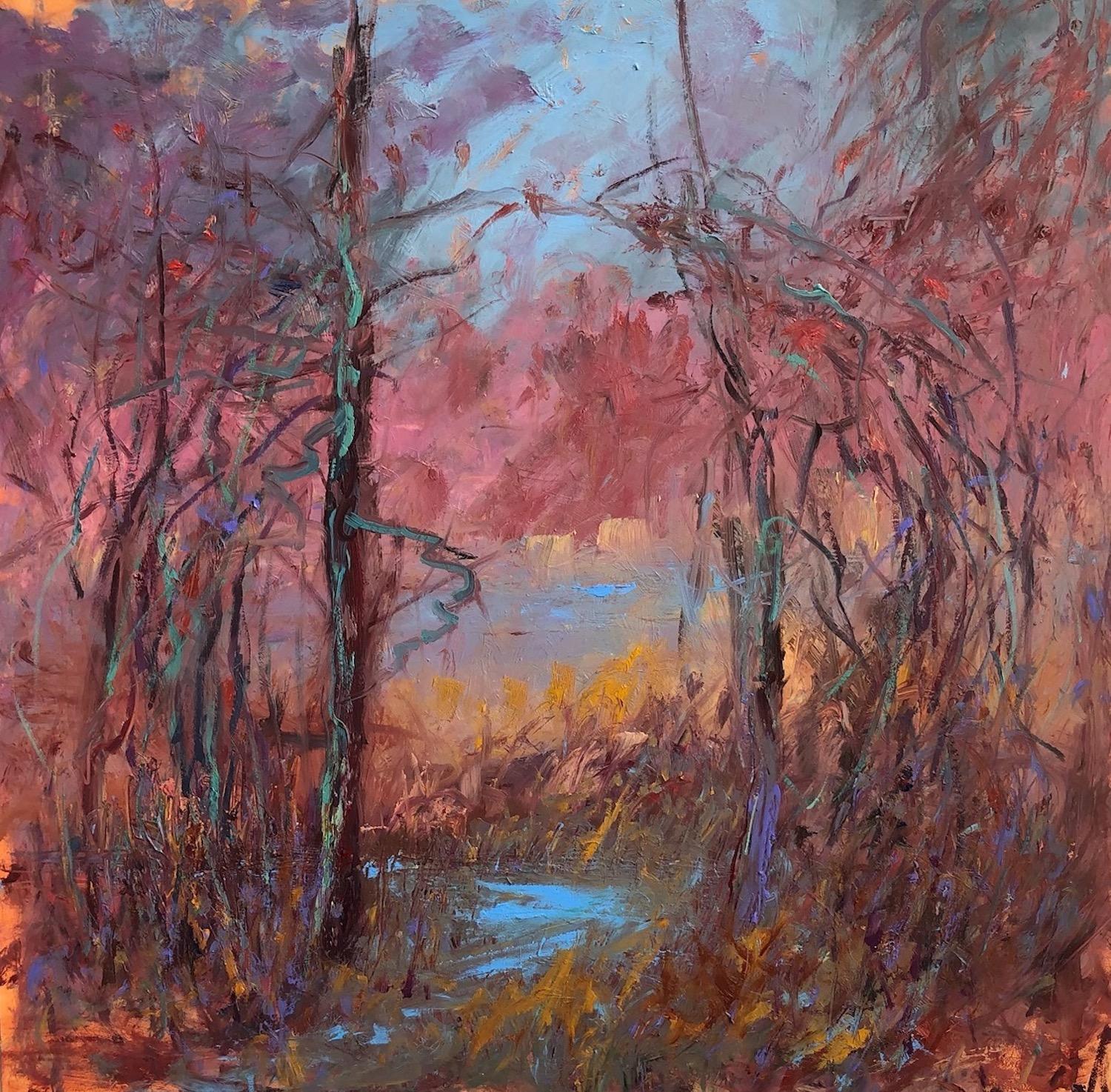 "Ingress", expressionist, trees, pink, purple, blue, yellow, ochre, oil painting - Painting by Catherine Picard-Gibbs