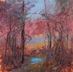 "Ingress", expressionist, trees, pink, purple, blue, yellow, ochre, oil painting