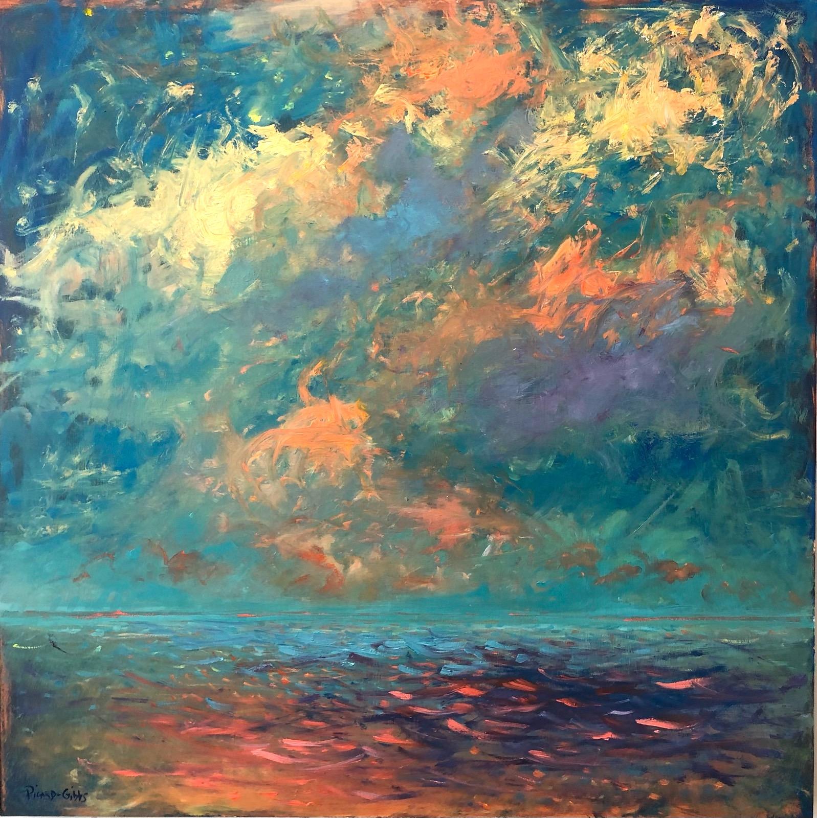 "Kodachrome Sea", contemporary, clouds, blue, purple, orange, oil painting - Painting by Catherine Picard-Gibbs