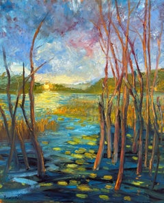 "Última luz en el estanque", Contemporáneo, Paisaje, Agua, Pintura al óleo, 2024