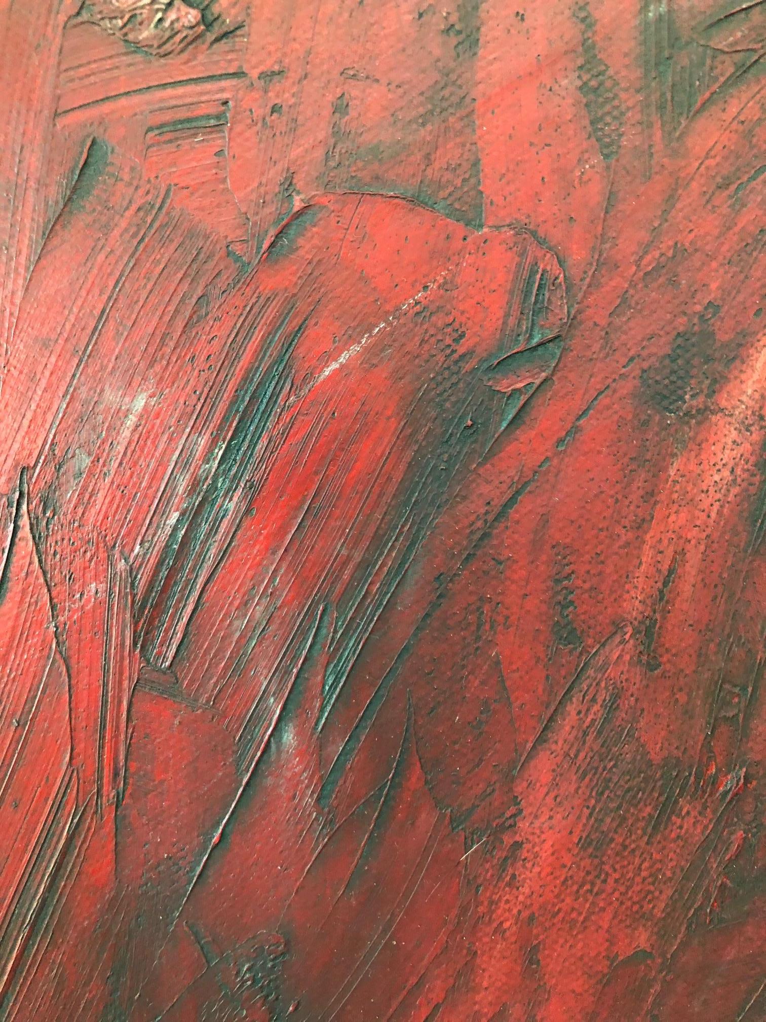 „Light at the End of the Corridor“, Inneneinrichtung, Fabrik, rot, blau, Ölgemälde – Painting von Catherine Picard-Gibbs
