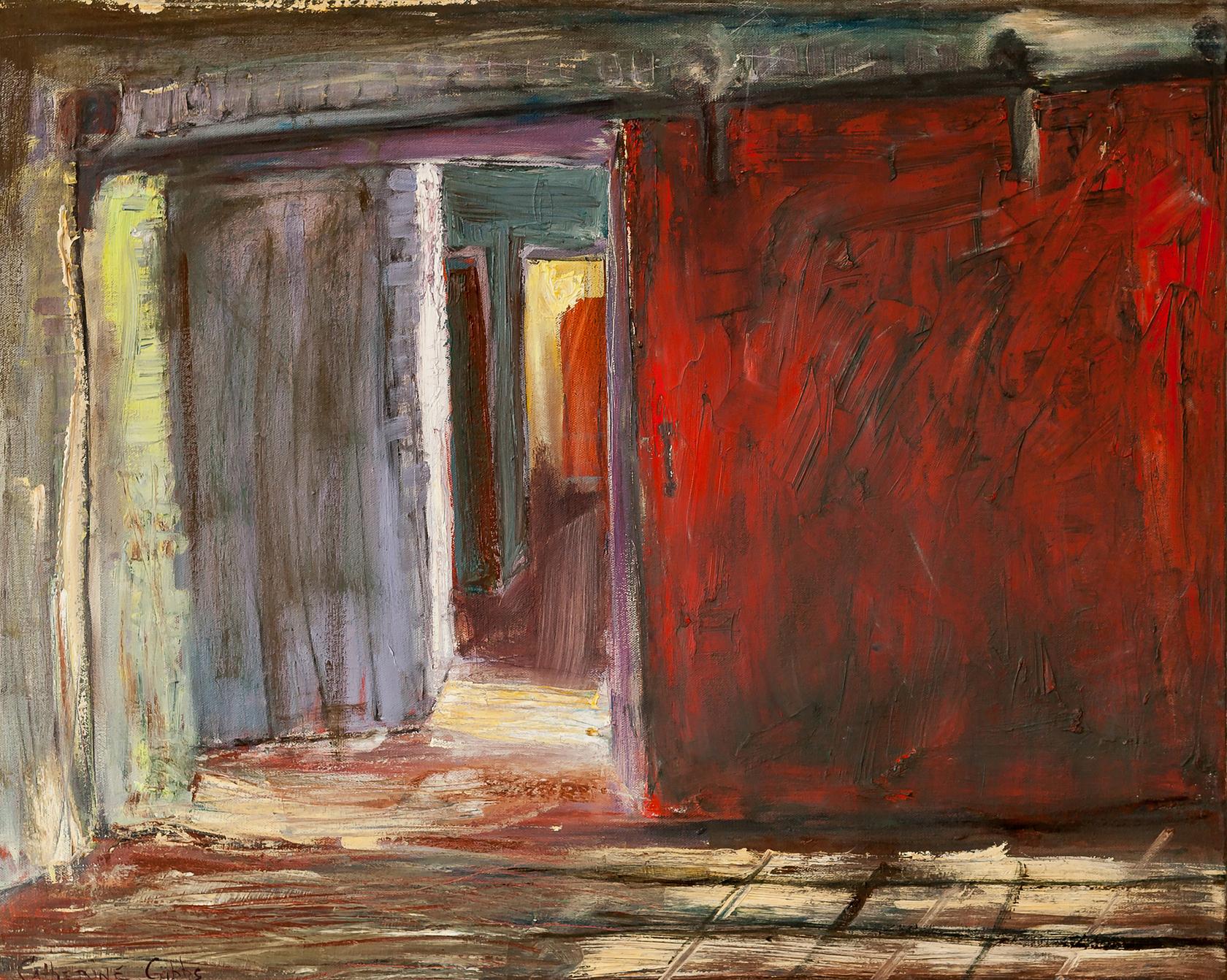 Catherine Picard-Gibbs Interior Painting - "Light at the End of the Corridor", interior, factory, red, blue, oil painting