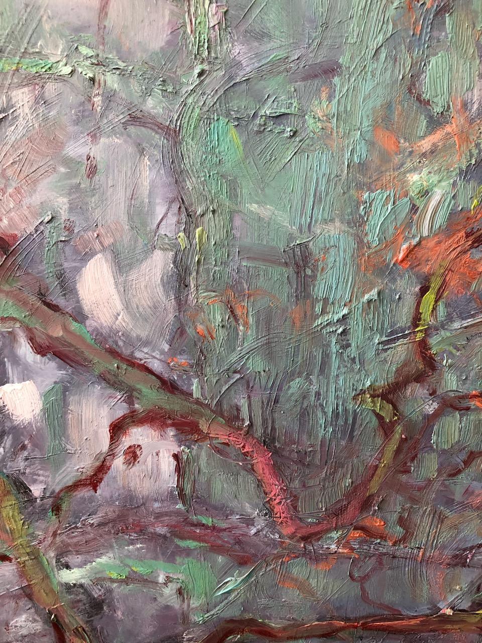 “Limbs” by Catherine Picard-Gibbs is a highly textural oil painting, with a heightened color palette of purple, blue, green, and salmon, depicting rich layers of tree branches creating an intriguing sense of space. Expressive brush strokes and marks