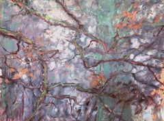 "Limbs", contemporain, arbres, Branch, violet, bleu, vert, saumon, peinture à l'huile.