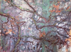 "Extremidades", contemporáneo, árboles, rama, morado, azul, verde, salmón, óleo