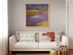 "Moody River", paysage printanier contemporain, rivière, violet, bleu, peinture à l'huile.