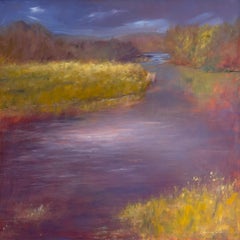 "Moody River", Contemporary Spring Landscape, River, Purple, Blue, Oil Painting