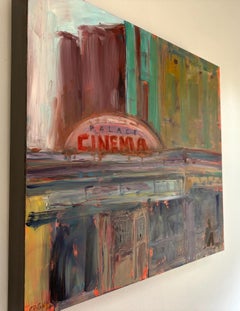 "Palace Cinema", Expresionista, Urbano, Morado, Gris, Amarillo, Azul, Pintura al Óleo
