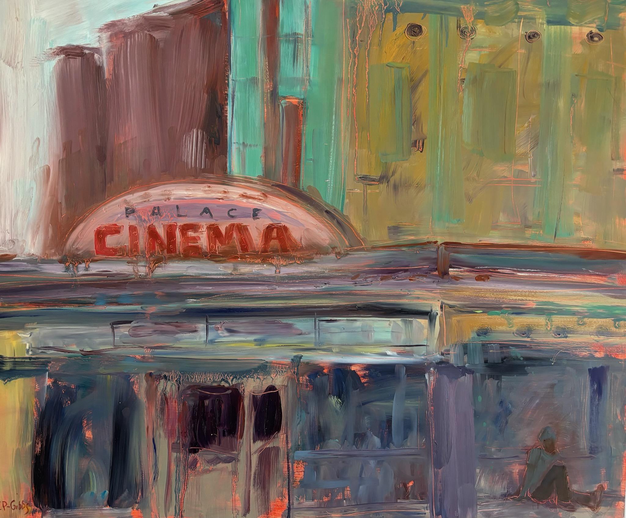 Catherine Picard-Gibbs Landscape Painting - "Palace Cinema", expressionist, urban, purple, gray, yellow, blue, oil painting