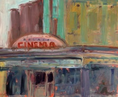 "Palace Cinema", expressionist, urban, purple, gray, yellow, blue, oil painting