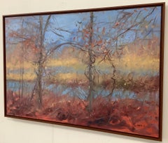 "Remnants of Autumn", Gestural Landscape, Water, Orange, Blue, Oil Painting